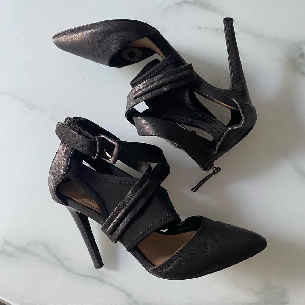 Joe’s jeans leather cage heels